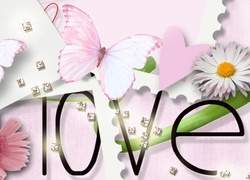 Napis, Love, Kwiaty, Motyle