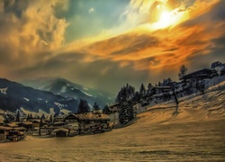 Miasteczko, Góry, Chmury, Zima, Austria