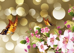 Kwiaty, Motyle, Bokeh, Art