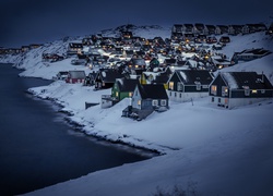 Miasteczko, Góry, Wybrzeże, Norwegia, Noc, Zima
