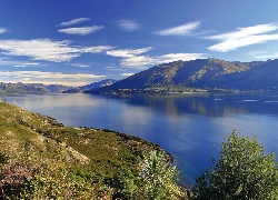 Queenstown, Góry, Jezioro, Chmury, Roślinność