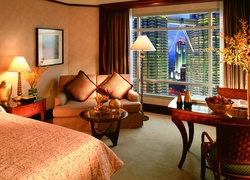 Kuala Lumpur, Hotel, Sypialnia, Okno, Widok, Na Petronas Towers