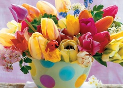 Tulipany, Kolorowe, Wazon w Kropki, Listki