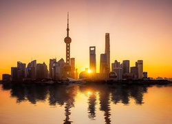 Chiny, Szanghaj, Pudong, Rzeka, Hangpu, Wieżowce, Oriental Pearl Tower, Zachód Słońca