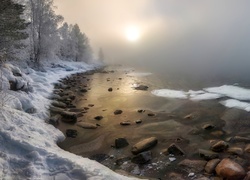 Jezioro, Zima, Kamienie, Mgła