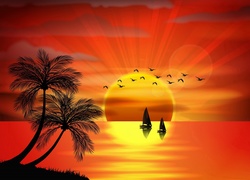 Zachód Słońca, Morze, Palmy, Grafika 2D