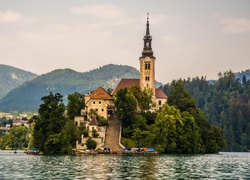 Jezioro, Bled, Wyspa, Kościół, Góry, Lasy, Słowenia
