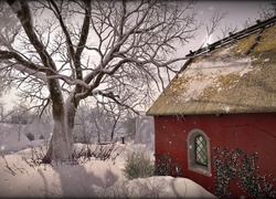 Śnieg, Drzewo, Chata