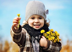 Dziecko, Dziewczynka, Żółte, Kwiaty, Mniszek