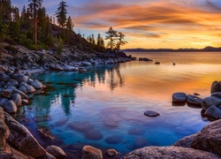 Wschód słońca, Jezioro, Kamienie,  California