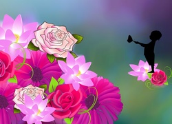 Różowe, Kwiaty, Chłopczyk, Motylek, Grafika