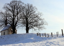 Śnieg, Kościół, Drzewa, Ogrodzenie