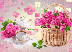 Grafika, Kawa, Ciastko, Kwiaty, Róże