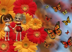 Kwiaty, Motyle, Laleczki, Grafika