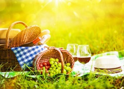 Piknik, Wino, Koszyki, Winogrona, Lato, Słońce, Kapelusze