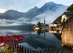 Austria, Hallstatt, Jezioro, Góry Alpy, Mgła, Domy