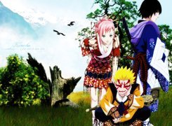 Naruto, ludzie, ptaki, drzewa