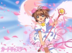 Cardcaptor Sakura, dziewczyna, napis, wstęgi, kij