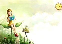 Zielone, Roślinki, Dziewczynka, Książka, Słońce
