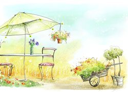 Stolik, Parasol, Kwiaty, Wóz, Rysunek