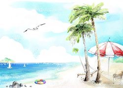 Plaża, Palmy, Parasol, Morze Rysunek