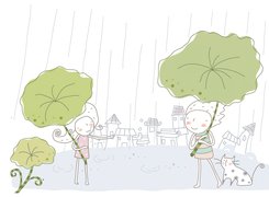 Dzieci, Deszcz, Liście, Kotek