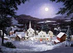 Boże, Narodzenie, Śnieg, Domki, Noc, Księżyc