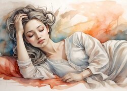 Dziewczyna, Łóżko, Poduszki, Akwarela, Obraz, Grafika