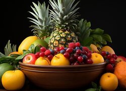 Ananasy i owoce w misce na czarnym tle