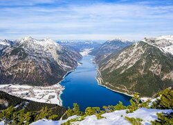 Zima, Góry, Jezioro, Achensee, Krzewy, Drzewa, Dolina, Achental, Tyrol, Austria