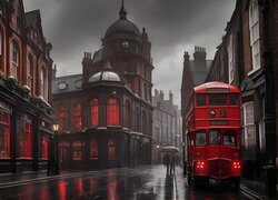Grafika, Autobus, Domy, Ulica, Deszcz, Londyn, Anglia