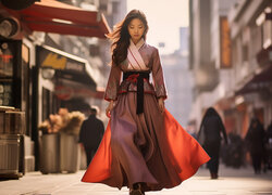 Azjatka w koreańskim stroju na ulicy miasta