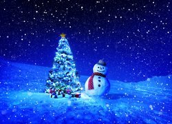 Boże Narodzenie, Bałwanek, Choinka, Śnieg