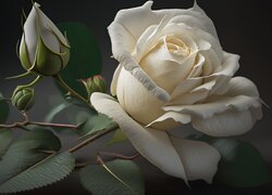 Biała róża z pąkami i liśćmi w 2D