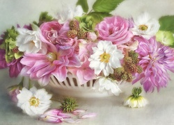 Białe i różowe kwiaty w porcelanowym naczyniu