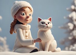 Biały kot i dziewczynka na śniegu w grafice