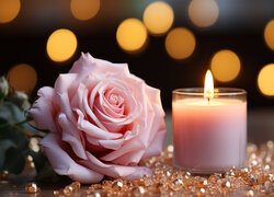 Bladoróżowa róża obok płonącej świeczki