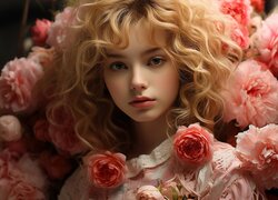 Blondynka otoczona różowymi kwiatkami