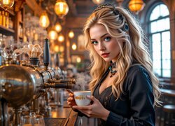 Kobieta, Blondynka, Kawa, Kawiarnia, Grafika AI