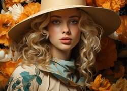 Blondynka w kapeluszu na tle kwiatów