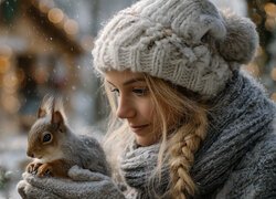 Kobieta, Warkocz, Czapka, Szal, Wiewiórka, Grafika AI