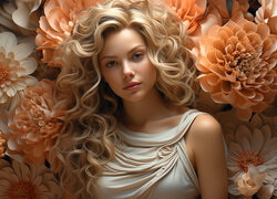 Blondynka z długimi kręconymi włosami wśród kwiatów