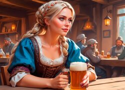 Kobieta, Blondynka, Kufel, Piwo, Karczma, AI