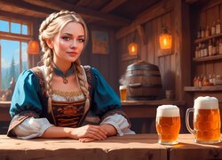 Kobieta, Blondynka, Warkocze, Karczma, Piwo, Kufle, AI