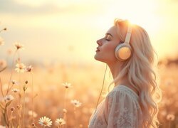 Kobieta, Blondynka, Słuchawki, Kwiaty