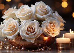 Bukiet białych róż i białe płonące świece