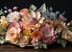 Bukiet, Kolorowych, Kwiatów, Liście, Deski