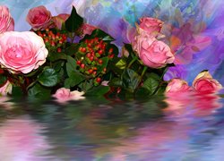 Kwiaty, Róże, Woda, Grafika
