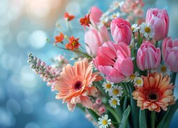 Tulipany, Gerbery, Kwiaty, Bukiet, Grafika