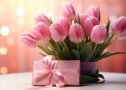 Kwiaty, Tulipany, Różowe, Pudełko, Prezent, Tło
